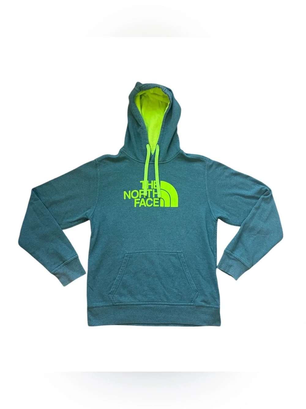 The North Face Teal Hoodie with Neon Yellow Logo